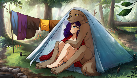 anthro biped breasts brown_body brown_fur brown_hair brown_tail claws clothed clothed_female clothed_human clothing duo feet female fingers front_view fur hair male nude nude_anthro nude_male outside sitting smile tail toes conditional_dnp tom_fischbach twokinds maren_taverndatter sythe_(twokinds) human keidran mammal 2026 7:4 digital_drawing_(artwork) digital_media_(artwork) hi_res