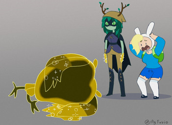 3_toes antlers black_boots black_cape black_clothing black_footwear blonde_hair blood blood_from_wound blood_on_hand blue_bottomwear blue_clothing blue_shirt blue_shorts blue_topwear bodily_fluids boots bottomwear bunny_ear_hat cape clothing corpse feet female footwear freaking_out glowing glowing_body gold_blood gradient_background green_eyes green_sclera grey_background group hair hand_on_head hands_on_own_head horn leaf leaf_hair long_socks looking_at_another male mouthless open_mouth plant plant_hair pseudo_hair pupils shadow shirt shoes shorts simple_background slit_pupils socks spoiler spoiler_alert toes topwear trio white_clothing white_footwear white_socks wounded agfavio adventure_time cartoon_network family_guy_death_pose fionna_and_cake cosmic_owl fionna_the_human huntress_wizard avian bird cosmic_being elemental_creature elemental_humanoid flora_fauna human humanoid mammal owl plant_humanoid 2025 digital_drawing_(artwork) digital_media_(artwork) meme signature