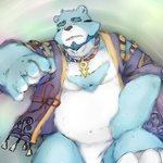 anthro asian_clothing belly blue_body blue_fur clothed clothing east_asian_clothing eyes_closed fundoshi fur humanoid_hands japanese_clothing kemono male overweight overweight_anthro overweight_male solo underwear white_body white_fur laohu bonasiah full_attack sophring_jie bear mammal 1:1 2020