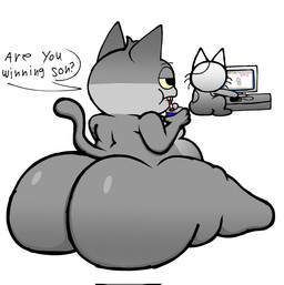 anthro beverage big_butt black_eyes butt can computer computer_monitor computer_mouse container drinking drinking_straw duo electronics fur grey_body grey_ears grey_fur grey_hair grey_tail hair half-closed_eyes holding_beverage holding_can holding_container holding_object huge_butt inside male mismatched_ears moobs multicolored_body multicolored_fur narrowed_eyes obese obese_anthro obese_male overweight overweight_anthro overweight_male question question_mark rear_view screen sitting tail text thick_thighs three-quarter_view two_tone_body two_tone_fur whiskers lucaslora are_ya_winning_son? gray_cat_(alienmyth64) white_cat_(alienmyth64) domestic_cat felid feline felis mammal 2025 digital_media_(artwork) english_text hi_res meme father_(lore) father_and_child_(lore) father_and_son_(lore) parent_(lore) parent_and_child_(lore) parent_and_son_(lore) son_(lore)
