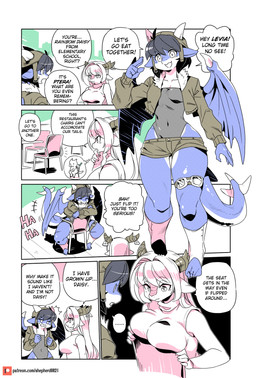 anthro big_breasts biped blue_body bottomwear breast_size_difference breast_squish breasts chair clothed clothing dialogue duo female furniture headgear headwear membrane_(anatomy) membranous_wings on_chair pupils shorts sitting sitting_on_chair smile squish tail talking_to_another text topwear wide_hips wings shepherd0821 mythology dragon mythological_creature mythological_scalie scalie winged_dragon comic english_text hi_res url