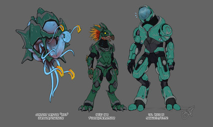 6_eyes ambiguous_gender anthro arm_feathers arm_tuft armor avian_caruncle beak clothed clothing digitigrade feather_hair feathered_crest feathers feral floating head_crest male multi_eye pseudo_hair tentacles tuft benji_(artist) halo_(series) microsoft xbox_game_studios alien avian huragok kig-yar sangheili scalie t'vaoan colored hi_res