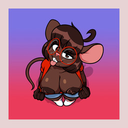ahoge anthro areola big_breasts blue_background blue_bottomwear blue_clothing blue_shorts border bottomwear breasts brown_areola brown_eyes brown_hair brown_nipples clothing eyewear female flashing flashing_breasts footwear front_view glasses gradient_background grey_border hair looking_at_viewer mole_under_mouth nipples pink_background pink_nose red_clothing red_topwear round_glasses shorts simple_background socks solo topwear white_clothing white_footwear white_socks sultryleviathan gwen_geek gwen_martin mammal mouse murid murine rodent 1:1 hi_res