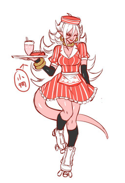 beverage bottomwear cake carhop clothing dessert female food footwear hair hat headgear headwear jewelry milkshake necklace one_eye_closed pink_body pink_skin quad_skates red_eyes retro roller_skates skirt solo text waiter waitress_uniform white_hair wink magumogu7277 dragon_ball dragon_ball_fighterz android_21 majin_android_21 alien alien_humanoid humanoid majin hi_res japanese_text