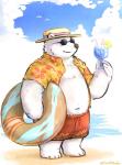 anthro beach belly beverage clothed clothing eyewear hat headgear headwear male navel open_clothing open_shirt open_topwear overweight overweight_anthro overweight_male seaside shirt solo sunglasses swimwear topwear water funo848nofu bear mammal polar_bear ursine 2018