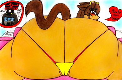 bed big_butt bikini bikini_bottom blush blushing_at_viewer butt camel_toe clothing eyewear eyewear_on_head female furniture gameplay_mechanics genitals goggles goggles_on_head heart_symbol huge_butt looking_at_viewer looking_back lying on_front presenting presenting_hindquarters speech_bubble swimwear text two-piece_swimsuit vulva theloanwanderer216 gameoverse glitch_productions kit_bodega domestic_cat felid feline felis mammal absurd_res hi_res traditional_media_(artwork)