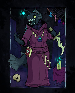 anthro bone candle clothing cultist fantasy female glowing green_body holding_object holding_weapon red_clothing robe shell skull solo standing teeth weapon yellow_eyes tokodama anglerfish aquatic fish hi_res
