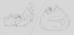 belly big_belly duo feet french human_prey larger_prey male open_mouth oral_vore smaller_pred struggling struggling_prey vore indigested_omelette renargne_(indigested_omelette) human mammal mustelid musteline true_musteline weasel greyscale hi_res monochrome