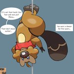 anthro brown_body clothing female pole shirt simple_background solo stripper_pole text thick_thighs topwear reallydarkandwindie nintendo pokemon bibarel generation_4_pokemon mammal pokemon_(species) 2018 digital_media_(artwork) hi_res