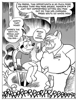 anthro border dialogue duo eyewear glasses male nipple_outline overweight overweight_male snout text wearing_glasses white_border billy_fore blake_(billy_fore) domestic_pig mammal procyonid raccoon suid suine sus_(pig) black_and_white comic english_text hi_res monochrome