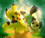 2018 ambiguous_gender anthro badge branch closed_smile day digital_media_(artwork) dodging duo flavia-elric generation_1_pokemon generation_5_pokemon grass hair hi_res kick light lighting looking_at_another male motion_lines mouth_closed nintendo open_mouth open_smile oshawott outside paws pikachu plant pokemon pokemon_(species) pokemon_mystery_dungeon scarf shadow smile spike_chunsoft standing sun tongue tree white_sclera yellow_body