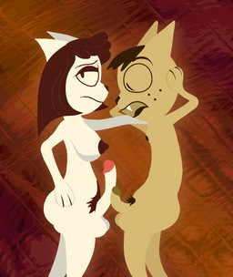 abstract_background anthro areola balls big_nipples big_penis body_hair brown_glans butt cartoon_freckles comparing comparing_penis curved_penis duo erection eye_roll fangs freckled_face freckles frottage genitals glans gynomorph gynomorph/male hand_on_head hand_on_hip hand_on_shoulder happy_trail humor intersex intersex/male male minimal_shading nipples nude nude_anthro nude_gynomorph nude_male paws penile penis penis_tip penises_touching pink_glans pubes sex shocked shorthair side_view small_nipples small_penis standing teeth alexis_wasilla a_kitty_bobo_show kitty_bobo maggie_(kitty_bobo) domestic_cat felid feline felis mammal digital_drawing_(artwork) digital_media_(artwork) hi_res lineless