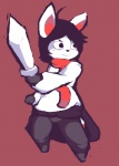 2012 ambiguous_gender anthro black_eyes black_hair clothed clothing fully_clothed fur hair mammal melee_weapon nystre red_background restricted_palette scarf simple_background solo standing sword weapon white_body white_fur