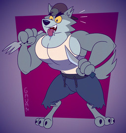 anthro backwards_hat bottomwear clothing cutlery fork hat headgear headwear kitchen_utensils knife male muscular muscular_anthro muscular_male pants shirt solo tail tongue tongue_out tools toony topwear gavanzude cartoon_network we_baby_bears we_bare_bears wolf_(we_baby_bears) canid canine canis mammal wolf alternate_version_at_paywall hi_res