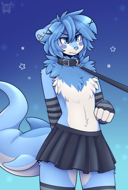 accessory anthro armwear black_bottomwear black_clothing black_eyebrows black_skirt blue_background blue_body blue_fur blue_hair blue_nose blush bottomwear chest_tuft clothed clothing collar crossdressing ear_piercing eyebrows femboy fur grumpy hair hair_accessory hair_between_eyes hairclip leash leash_pull leashed_collar legwear male pattern_armwear pattern_clothing piercing shark_tail short_hair simple_background skirt solo stockings striped_armwear striped_clothing stripes tuft white_body white_fur fleurfurr mammal mustelid otter colored digital_drawing_(artwork) digital_media_(artwork) hi_res shaded