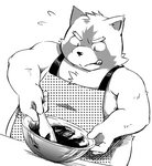 anthro apron belly clothing cooking humanoid_hands kemono male overweight overweight_anthro overweight_male simple_background solo text tongue tongue_out white_background diru11 canid canine mammal raccoon_dog tanuki 2015 english_text monochrome