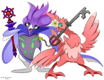 accessory ambiguous_gender beak bioluminescence black_tipped_beak duo eyelashes feathered_wings feathers feet feminine feral fin flower flower_accessory fluffy fluffy_tail glowing glowing_body green_eyes hair_accessory head_tuft holding_in_mouth holding_object holding_weapon keyblade keychain leg_tuft long_neck melee_weapon membrane_(anatomy) multicolored_beak multicolored_body neck_tuft object_in_mouth pink_beak pink_body pink_feathers plant pose pseudo_hair red_feet red_legs simple_background spread_wings staff tail tail_feathers tentacle_hair tentacles text toes tuft weapon webbed_feet white_background wings zecret_colors disney final_fantasy game_freak kingdom_hearts nintendo pokemon square_enix beaker_the_malamar pinky_(honchkrow36) aquatic avian bird cephalopod chocobo coleoid cramorant decapodiform generation_6_pokemon generation_8_pokemon malamar mollusk pokemon_(species) squid 2026 absurd_res artist_name colored digital_drawing_(artwork) digital_media_(artwork) hi_res shaded male_(lore)