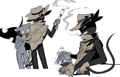 ambiguous_gender anthro arm_around_partner black_body black_ears black_tail blue_body blue_ears blue_tail bottomless brown_clothing brown_gloves brown_handwear brown_poncho brown_topwear cigar clothed clothing cowboy_hat dipstick_ears ear_markings gag gagged gloves grin grinning_at_viewer gun handwear hat headgear headwear looking_at_viewer markings missing_tooth multicolored_ears nervous poncho poncho_only ranged_weapon red_eyes restrained silencer simple_background size_difference smile smiling_at_viewer smoking solo striped_markings striped_tail stripes tail tail_markings tape tape_gag taped_mouth text topwear weapon white_background kukio475097 mewgenics zodiac_(mewgenics) domestic_cat felid feline felis mammal 2026 hi_res korean_text multiple_scenes