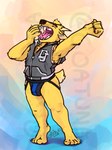 anthro barefoot clothing fangs feet horn jacket jockstrap letterman_jacket male open_mouth sleeveless_jacket solo stretching teeth topwear underwear yawn goatuna dj_strap cervine deer mammal muntjac 3:4 hi_res watermark