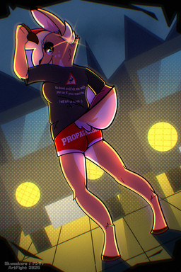 anthro black_hooves black_nose blonde_hair bottomwear breasts butt car clothing dutch_angle female fingers fur gesture grin hair hand_gesture hooved_fingers hooves looking_at_viewer looking_back orange_body orange_fur pointing pointing_down red_bottomwear red_clothing red_shorts shirt shorts smile solo sparkles standing tan_body tan_fur text text_on_bottomwear text_on_clothing text_on_shirt text_on_shorts text_on_topwear topwear vehicle white_bottomwear white_clothing white_shorts yellow_eyes skweekers you_are_not_immune_to_propaganda daphne_(caffeinerabbit) deer mammal 2025 2:3 hi_res meme