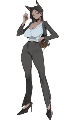 big_breasts biped black_bottomwear black_clothing black_footwear black_hair black_high_heels black_pants bottomwear breasts businesswear choker cigarette cleavage clothed clothing cropped_ears dark_body dark_skin female footwear formal_wear fully_clothed hair hand_on_hip high_heels holding_cigarette holding_object jewelry monotone_background necklace no_bra pants shirt shoes simple_background solo standing topwear white_background white_clothing white_shirt white_topwear urec unnamed_character canid canine canis dobermann domestic_dog humanoid mammal pinscher 2024 absurd_res hi_res