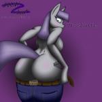 1:1 abstract_background anthro anthrofied b00mt00b big_breasts big_butt biped blush breasts butt clothing cutie_mark digital_media_(artwork) dressing earth_pony equid equine female friendship_is_magic fur grey_body grey_fur hair hasbro hi_res hooves horse jrvanesbroek long_hair looking_at_viewer looking_back mammal maud_pie_(mlp) my_little_pony pony purple_hair raised_tail rear_view simple_background solo standing tail teal_eyes text