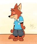 anthro barefoot biped black_nose bottomwear brown_body brown_fur cheek_tuft clothing countershading dancing eyes_closed facial_tuft feet fur head_tuft inner_ear_fluff male parody shirt shorts simple_background smile solo topwear tuft young young_anthro aar0njay disney peanuts_(comic) zootopia nick_wilde canid canine fox mammal red_fox true_fox 2019 2d_animation animated crossover frame_by_frame low_res short_playtime