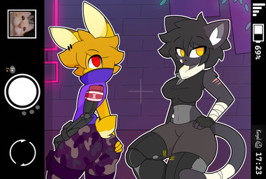 accessory anthro bandage bandaged_arm battery_life black_body bottomwear camo camo_bottomwear camo_clothing camo_pants camo_print clothing cybernetic_arm cybernetic_leg cybernetic_limb duo female hair_accessory hairpin hand_on_hip holding_butt kerchief male pants pattern_bottomwear pattern_clothing pattern_pants phone_camera phone_screen posing_for_picture red_eyes scar shirt shorts tank_top topwear windbreaker yellow_body yellow_eyes keryel graphite_(character) thusthus_(character) domestic_cat felid feline felis hare lagomorph leporid mammal hi_res