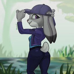 anthro breasts butt clothing female grass hat headgear headwear jacket looking_at_viewer looking_back outside plant scut_tail short_tail small_breasts smile smiling_at_viewer solo tail topwear hexecat disney zootopia judy_hopps lagomorph leporid mammal rabbit 1:1 2024 absurd_res hi_res