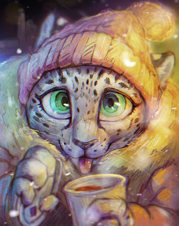 anthro beverage close-up clothed clothing female female/female green_eyes hat headgear headwear jacket paws snow solo tongue topwear winter jochico felid mammal pantherine snow_leopard digital_media_(artwork) hi_res