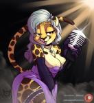 amber_eyes anthro big_breasts breasts cheek_tuft clothing electronics facial_tuft female fur hair holding_microphone holding_object jewelry mature_anthro mature_female microphone multicolored_body multicolored_fur necklace open_mouth purple_clothing tuft batartcave amber_(batartcave) cheetah felid feline mammal absurd_res hi_res