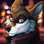 anthro blue_eyes blurred_background city city_background female lights mask smile solo vigilante baridi_(artist) legend_of_ahya fan_character murana_wolford_(darkflame-wolf) canid canine canis mammal wolf 1:1 headshot_portrait icon portrait