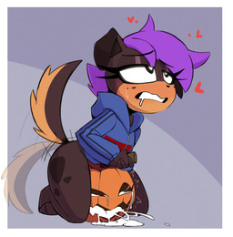 anthro black_eyes black_nose blue_clothing blue_hoodie blue_topwear blush bodily_fluids bottomless brown_body brown_fur brown_tail clothed clothing cum cum_in_pumpkin drooling eyebrow_through_hair eyebrows eyelashes fingers floppy_ears food fruit fur genital_fluids gynomorph hair heart_eyes heart_symbol hoodie intersex kneeling motion_lines plant pumpkin purple_hair saliva solo sweat tail tail_motion tailwag teeth topwear translucent translucent_hair nelljoestar canid canine canis domestic_dog mammal 2024 hi_res herm_(lore)