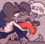 anthro big_tongue bleh bodily_fluids duo female male on_tongue open_mouth saliva sharp_teeth sitting_on_tongue teeth tongue tongue_out thebonezonedeluxe bone_(thebonezonedeluxe) alligator alligatorid arthropod crocodilian fly_(animal) insect mosquito reptile scalie monochrome