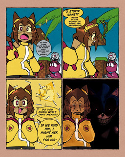 1_eye 4_panel_comic accessory anthro blue_necktie blue_sky clothed clothing eyewear eyewear_on_head female glowing glowing_eyes goggles goggles_on_head grass hair machine male necktie nightmare_fuel open_mouth palm_tree plant purple_body purple_skin sky speech_bubble standing teeth text tree whiskers yellow_clothing d_robin gameoverse glitch_productions sega sonic.exe_(creepypasta) sonic_the_hedgehog_(series) 2011_x gobbles_(gameoverse) kaboodle_(gameoverse) kit_bodega sonic.exe dinosaur eulipotyphlan felid feline hedgehog mammal prehistoric_species reptile robot saurischian scalie theropod tyrannosaurid tyrannosauroid tyrannosaurus tyrannosaurus_rex 2026 4:5 comic crossover digital_media_(artwork) english_text hi_res