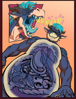 amber_eyes anthro belly black_claws black_horn black_spikes blue_body blue_mane bone bones_in_stomach burping chin_spikes claws digestion duo ear_piercing facial_spikes fatal fatal_vore forced horn internal jaw_spikes lying mane on_front oral_vore organs piercing predator/prey scales size_difference skull spikes spikes_(anatomy) stomach tan_chest tan_scale teeth unwilling_prey ventral_scales vore greko_the_cat mythology drembonaarkrah drewotter dragon mammal mustelid mythological_creature mythological_scalie otter scalie hi_res