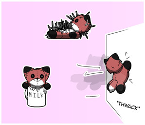 after_transformation ambiguous_gender anthro black_body black_fur border button_(fastener) button_eyes container cup fur impact impact_lines impalement inanimate_transformation milk motion_lines mug partially_submerged plushie plushification red_body red_fur seam_(sewing) sewn_mouth simple_background soaked solo text thrown transformation white_body white_border white_fur foxdance animate_inanimate canid canine fox mammal english_text