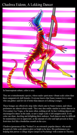 4_fingers anthro blue_body blue_scales claws dancing fingers inside male neon_lights nude open_mouth pole pole_dancing red_body red_scales scales solo spikes spikes_(anatomy) spots strip_club stripper stripper_pole text yellow_body yellow_scales certain-unit8147 all_tomorrows alien reptile saurosapient scalie 4:7 absurd_res english_text hi_res story