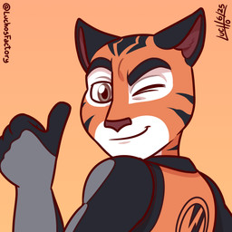 5_fingers abstract_background anthro brown_eyes clothed clothing fingers fur gesture hand_gesture head_turned looking_at_viewer male markings one_eye_closed orange_body orange_fur pink_nose smile solo striped_body striped_fur striped_markings stripes thumbs_up white_body white_fur wink winking_at_viewer luchosfactory rimba_racer tag_(rimba_racer) felid mammal pantherine tiger 1:1 bust_portrait portrait