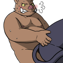 anthro belly blush brown_body brown_fur duo fur humanoid_hands kemono male moobs nipples overweight overweight_male sex simple_background white_background agiran felid feline mammal suid suine sus_(pig) wild_boar 1:1 2015