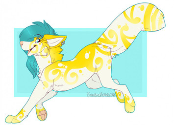 feral fur green_hair hair open_mouth paws simple_background smile solo teeth tongue yellow_body yellow_fur senimasan canid canine mammal 2015 digital_media_(artwork)