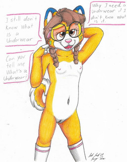 anthro blue_ear_tip braided_hair brown_hair clothing eyewear eyewear_only female footwear footwear_only fur genitals gesture glasses glasses_only hair hand_behind_head hand_gesture mostly_nude navel nipples nude nude_anthro nude_female orange_eyes pink_nose pointing questioning socks socks_only solo speech_bubble text vulva wearing_glasses yellow_body yellow_fur young young_anthro young_female silversimba01 canid canine canis domestic_dog husky mammal nordic_sled_dog siberian_husky spitz english_text