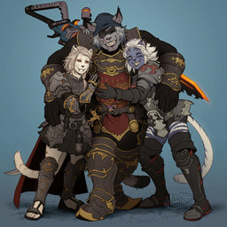 anthro armor blue_body blue_fur bottomwear clothing eye_patch eyewear female footwear fur grey_body grey_fur group group_photo hug legwear male male/female melee_weapon mmf sandals scar shoes shorts skirt smile spandex spandex_shorts sword thigh_highs tight_bottomwear tight_clothing tight_shorts trio weapon white_body white_fur howlite final_fantasy final_fantasy_xiv square_enix felid feline hrothgar mammal 1:1 hi_res