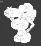 anthro big_breasts bodily_fluids breasts camel_toe clothed clothing female hyper missile ranged_weapon rocket_launcher sweat weapon ber00 activision crash_bandicoot_(series) coco_bandicoot hi_res monochrome