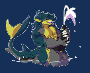 abs anthro balls biceps big_balls big_penis bodily_fluids claws cum ejaculation erection eyes_closed fangs fin genital_fluids genitals green_body grey_body huge_balls huge_penis hyper hyper_balls hyper_genitalia hyper_penis kneeling knot male muscular muscular_male paws pecs penis smile solo stroking_penis tail teeth tongue tongue_out water yellow_body rtf-m brom_(sahurus) aquatic fish shark alpha_channel hi_res