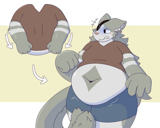 2_tails anthro belly belly_overhang blush blush_lines bottomwear clenched_teeth clothed clothing clothing_grab clothing_pull curved_tail embarrassed eye_patch eyewear fist fluffy fluffy_hair fur fur_markings glistening glistening_body hair long_hair looking_away male markings multi_tail multicolored_body multicolored_fur overweight overweight_anthro overweight_male raised_arm raised_clothing raised_shirt raised_topwear shirt shirt_pull shirt_up shorts solo tail teeth teeth_showing thick_thighs tight_clothing topwear topwear_pull wide_hips sugar_but_nsfw arc_system_works blazblue jubei_(blazblue) domestic_cat felid feline felis mammal absurd_res colored digital_media_(artwork) hi_res shaded