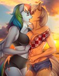 abs anthro anthro_on_anthro anthrofied applejack_(mlp) athletic_wear b7r676 blonde_hair blue_body blue_fur bottomwear bra breast_squish breasts clothed clothing clothing_pull cutie_mark duo earth_pony equid equine eyes_closed feathered_wings feathers female female/female friendship_is_magic fur gym_bottomwear gym_shorts hair hand_on_butt hasbro hi_res horse hotpants kiss_on_lips kissing long_hair love mammal midriff multicolored_hair multicolored_tail muscular muscular_anthro muscular_female my_little_pony mythological_creature mythological_equine mythology orange_body orange_fur pegasus pony purple_eyes rainbow_dash_(mlp) rainbow_hair rainbow_tail romantic romantic_ambiance shirt shorts sports_bra squish story story_in_description sunset tail tied_shirt topwear underwear wings yellow_tail