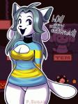 anthro bottomless breasts cleavage_cutout clothed clothing cutout digital_media_(artwork) english_text female fur grey_hair hair keyhole_turtleneck mammal open_mouth pattern_clothing phantom-sugar shirt smile solo standing striped_clothing stripes sweater tem temmie_(undertale) text thick_thighs topwear turtleneck undertale undertale_(series) white_body white_fur