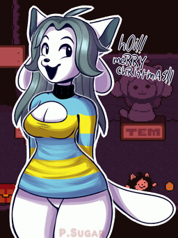 anthro blue_clothing blue_sweater blue_topwear bottomless breasts cleavage_cutout clothed clothing cutout female fur grey_hair hair keyhole_turtleneck open_mouth pattern_clothing pattern_sweater pattern_topwear shirt smile solo standing striped_clothing striped_sweater striped_topwear stripes sweater text thick_thighs topwear turtleneck white_body white_fur phantom-sugar undertale undertale_(series) temmie_(undertale) mammal tem digital_media_(artwork) english_text