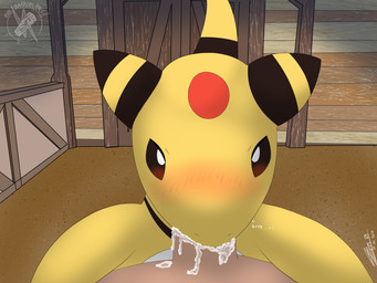 >:t ambiguous_gender anthro barn blush bodily_fluids cum duo fellatio feral first_person_view genital_fluids interspecies looking_at_viewer male male/ambiguous oral penile pokephilia sex yellow_body balthysstuff nintendo pokemon ampharos bovid caprine generation_2_pokemon mammal pokemon_(species) 2026 4:3 absurd_res dated hi_res shaded simple_shading